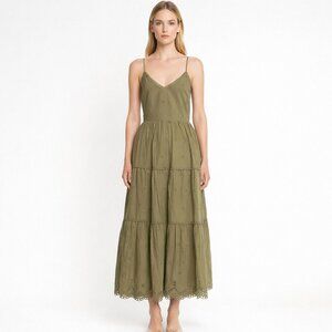 Caroline Constas Olive Green Eyelet Maxi Dress Women’s Size Small back bow